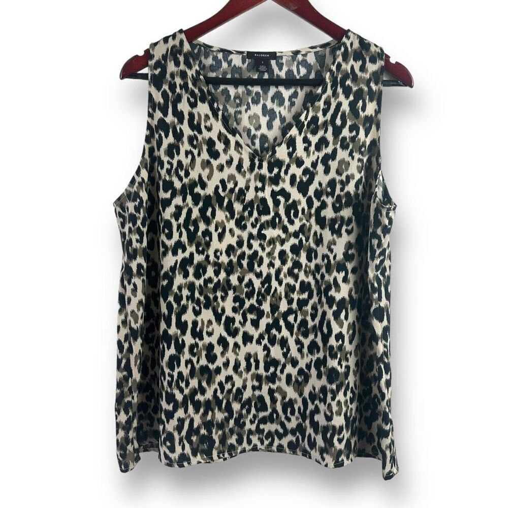 Halogen Women's‎ L Animal Print Sleeveless V-Neck Blouse Black Brown Cheetah